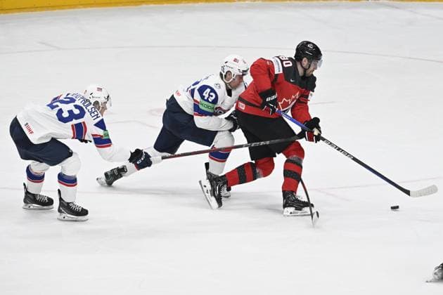 Canada vs. Norway group A match of the 2024 IIHF World Championship, WM, Weltmeisterschaft in Prague, Czech Republic, on May 16, 2024. From left Thomas Berg-Paulsen, Max Krogdahl, both of Norway, Pierre-Luc Dubois of Canada. (CTKxPhoto KaterinaxSulova) CTKPhotoP2024051609701  CTKPhotoP2024051609701