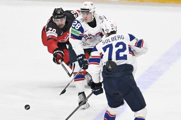 Canada vs. Norway group A match of the 2024 IIHF World Championship, WM, Weltmeisterschaft in Prague, Czech Republic, on May 16, 2024. From left Nick Paul of Canada, Michael Brandsegg-Nygard, Stian Solberg both of Norway. (CTKxPhoto KaterinaxSulova) CTKPhotoP2024051609721  CTKPhotoP2024051609721