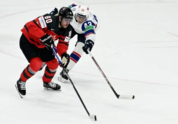 Canada vs. Norway group A match of the 2024 IIHF World Championship, WM, Weltmeisterschaft in Prague, Czech Republic, on May 16, 2024. From left Pierre-Luc Dubois of Canada, Max Krogdahl of Norway. (CTKxPhoto KaterinaxSulova) CTKPhotoP2024051609882  CTKPhotoP2024051609882