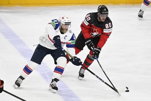 Canada vs. Norway group A match of the 2024 IIHF World Championship, WM, Weltmeisterschaft in Prague, Czech Republic, on May 16, 2024. From left Patrick Thoresen of Norway, Pierre-Luc Dubois of Canada. (CTKxPhoto KaterinaxSulova) CTKPhotoP2024051609986  CTKPhotoP2024051609986