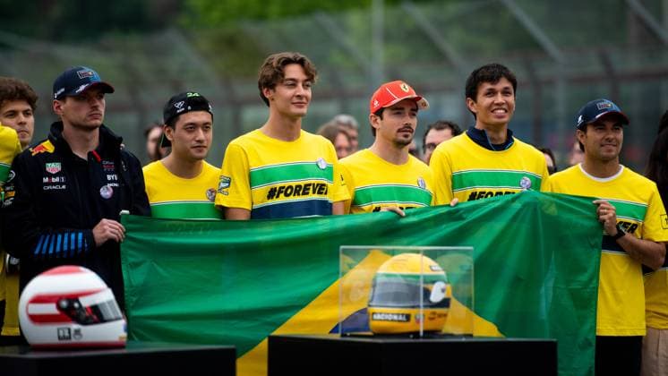 Max Verstappen Oracle Red Bull Racing, 01 , Zhou Guanyu Stake F1 Team Kick Sauber, 24 , George Russell Mercedes AMG Petronas Formula One Team, 63 , Charles Leclerc Scuderia Ferrari HP, 16 , Alexander Albon Williams Racing, 23 , Sergio Checo Perez Oracle Red Bull Racing, 11 at the Forever Senna memorial race for Ayrton Senna Brazil , ITA, Formula 1 World Championship, Grand Prix Emilia Romagna Imola, Autodromo Enzo e Dino Ferrari, Media Day, 16 05 2024 ITA, Formula 1 World Championship, Grand Prix Emilia Romagna Imola, Autodromo Enzo e Dino Ferrari, Media Day, 16 05 2024 Imola Copyright: xEibner-Pressefoto Memmlerx EP_MMR