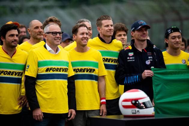 Stefano Domenicali CEO Formula One Management , Sebastian Vettel Germany, racing driver , Nico Huelkenberg MoneyGram Haas F1 Team, 27 , Max Verstappen Oracle Red Bull Racing, 01 at the Forever Senna memorial run for Ayrton Senna Brazil, who died in a fatal accident in 1994 , ITA, Formula 1 World Championship, Grand Prix Emilia Romagna Imola, Autodromo Enzo e Dino Ferrari, Media Day, 16 05 2024 ITA, Formula 1 World Championship, Grand Prix Emilia Romagna Imola, Autodromo Enzo e Dino Ferrari, Media Day, 16 05 2024 Imola Copyright: xEibner-Pressefoto Memmlerx EP_MMR