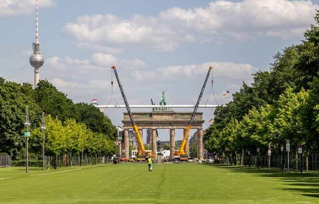Artificial turf at the Brandenburg Gate on 17 May 2024 in Berlin The fan zone for the European Football Championships from 14 June to 14 July Artificial turf at the Brandenburg Gate
