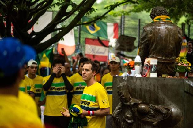 Sebastian Vettel Germany, racing driver speaks in front of the Senna Memorial at the Forever Senna memorial run for Ayrton Senna Brazil, who died in an accident in 1994 , ITA, Formula 1 World Championship, Grand Prix Emilia Romagna Imola, Autodromo Enzo e Dino Ferrari, Media Day, 16 05 2024 ITA, Formula 1 World Championship, Grand Prix Emilia Romagna Imola, Autodromo Enzo e Dino Ferrari, Media Day, 16 05 2024 Imola Copyright: xEibner-Pressefoto Memmlerx EP_MMR