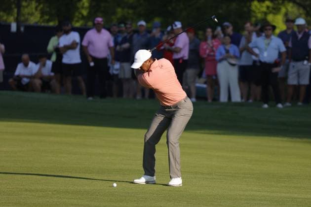LOUISVILLE, KY - MAY 16: PGA, Golf Herren golfers Tiger Woods and Adam Scott plays a shot on the 10th hole on May 16, 2024, during the 2024 PGA Championship at Valhalla Golf Club in Louisville, Kentucky. (Photo by Brian Spurlock Icon Sportswire) GOLF: MAY 16 PGA Championship EDITORIAL USE ONLY Icon24051685