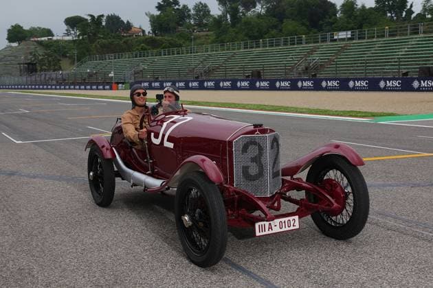 Formula 1 Grand Prix Emilia Romagna 2024 16 05 2024, Autodromo Enzo e Dino Ferrari, Imola, Formula 1 Grand Prix Emilia Romagna 2024 ,in the picture George Russell GBR , Mercedes AMG Petronas Formula One Team drives with Sky expert Timo Glock with an original Mercedes car that took part in the Targa Florio in 1924 nordphotoxGmbHx xBratic nph00250