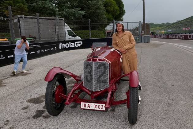 Formula 1 Grand Prix Emilia Romagna 2024 16 05 2024, Autodromo Enzo e Dino Ferrari, Imola, Formula 1 Grand Prix Emilia Romagna 2024 ,in the picture George Russell GBR , Mercedes AMG Petronas Formula One Team drives with an original Mercedes car that participated in the Targa Florio in 1924 nordphotoxGmbHx xBratic nph00250