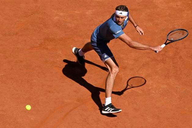 Alexander Zverev of Germany in action during the semifinal match against Alejandro Tabilo of Chile at the Internazionali BNL d Italia 2024 tennis tournament at Foro Italico in Rome, Italy on May 17, 2024. antoniettaxbaldassarre