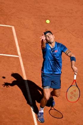 Alejandro Tabilo of Chile serves during the semifinal match against Alexander Zverev of Germany at the Internazionali BNL d Italia 2024 tennis tournament at Foro Italico in Rome, Italy on May 17, 2024. antoniettaxbaldassarre