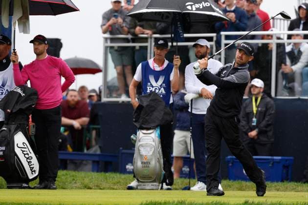 LOUISVILLE, KY - MAY 17: Brian Harman holds his follow through on his tee shot on No. 10 as Wyndham Clark and Scottie Scheffler look on during the second round of the PGA, Golf Herren Championship, May 17, 2024, at Valhalla Golf Club in Louisville, Kentucky.(Photo by Matthew Maxey Icon Sportswire) GOLF: MAY 17 PGA Championship EDITORIAL USE ONLY Icon240517016
