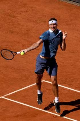 Alexander Zverev of Germany in action during the semifinal match against Alejandro Tabilo of Chile at the Internazionali BNL d Italia 2024 tennis tournament at Foro Italico in Rome, Italy on May 17, 2024. antoniettaxbaldassarre
