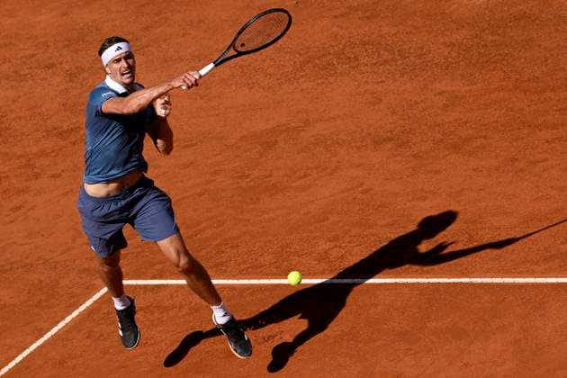 Alexander Zverev of Germany in action during the semifinal match against Alejandro Tabilo of Chile at the Internazionali BNL d Italia 2024 tennis tournament at Foro Italico in Rome, Italy on May 17, 2024. antoniettaxbaldassarre