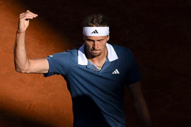 Alexander Zverev of Germany celebrates after winning the second set during the semifinal match against Alejandro Tabilo of Chile at the Internazionali BNL d Italia 2024 tennis tournament at Foro Italico in Rome, Italy on May 17, 2024. antoniettaxbaldassarre