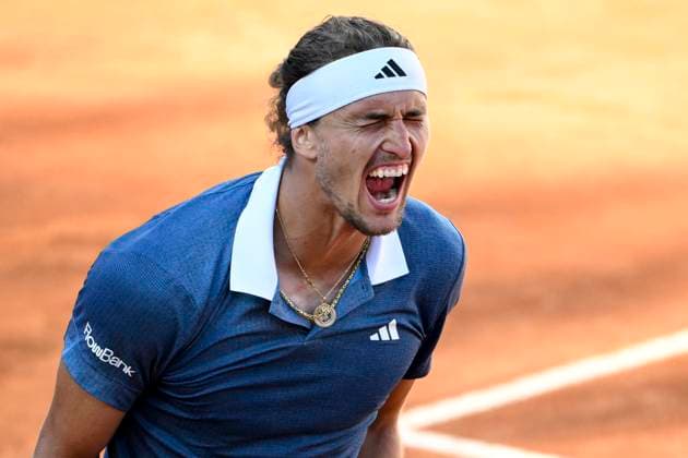 Alexander Zverev of Germany celebrates at the end of the semifinal match against Alejandro Tabilo of Chile at the Internazionali BNL d Italia 2024 tennis tournament at Foro Italico in Rome, Italy on May 17, 2024. Alexander Zverev defeated Alejandro Tabilo 1-6, 7-6, 6-2. antoniettaxbaldassarre