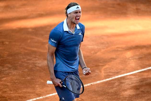 Alexander Zverev of Germany celebrates at the end of the semifinal match against Alejandro Tabilo of Chile at the Internazionali BNL d Italia 2024 tennis tournament at Foro Italico in Rome, Italy on May 17, 2024. Alexander Zverev defeated Alejandro Tabilo 1-6, 7-6, 6-2. antoniettaxbaldassarre
