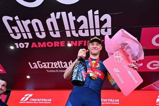 May 17, 2024, Cento, ITALY: Italian rider Jonathan Milan of Lidl Trek team celebrates on the podium after winning the 13th stage of the 107 Giro d Italia 2024, cycling race over 179 km from Riccione to Cento, Italy, 17 May 2024. ANSA LUCA ZENNARO Giro d Italia cycling tour - 13 stage  - ZUMAa110 20240517_zaf_a110_071 Copyright: xLucaxZennarox