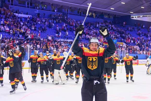 Sport Themen der Woche KW21 Sport Bilder des Tages John-Jason (JJ) Peterka Nr.33 of Germany NHL, Eishockey Herren, USA Buffalo Sabres) celebrates with the team and fans after the preliminary round match GERMANY - KAZAKHSTAN of the IIHF Ice hockey, Eishockey World Championship, WM, Weltmeisterschaft Group B in Ostrava, Czechia, May 17, 2024, Season 2023 2024