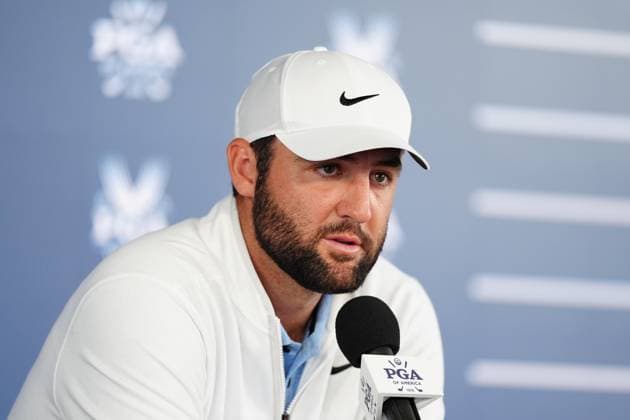 LOUISVILLE, KY - MAY 17: PGA, Golf Herren golfer Scottie Scheffler speaks to the media following his arrest on Friday morning and following his round on May 17, 2024, during the 2024 PGA Championship at Valhalla Golf Club in Louisville, Kentucky. (Photo by Brian Spurlock Icon Sportswire) GOLF: MAY 17 PGA Championship EDITORIAL USE ONLY Icon2405171