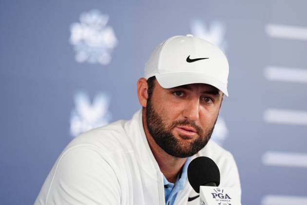 LOUISVILLE, KY - MAY 17: PGA, Golf Herren golfer Scottie Scheffler speaks to the media following his arrest on Friday morning and following his round on May 17, 2024, during the 2024 PGA Championship at Valhalla Golf Club in Louisville, Kentucky. (Photo by Brian Spurlock Icon Sportswire) GOLF: MAY 17 PGA Championship EDITORIAL USE ONLY Icon24051710