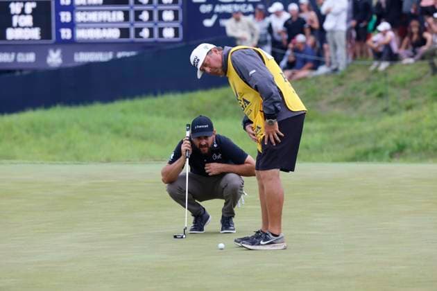 LOUISVILLE, KY - MAY 17: Stephan Jaeger and his caddie line up a putt on the No. 7 green during the second round of the PGA, Golf Herren Championship, May 17, 2024, at Valhalla Golf Club in Louisville, Kentucky.(Photo by Matthew Maxey Icon Sportswire) GOLF: MAY 17 PGA Championship EDITORIAL USE ONLY Icon240517069