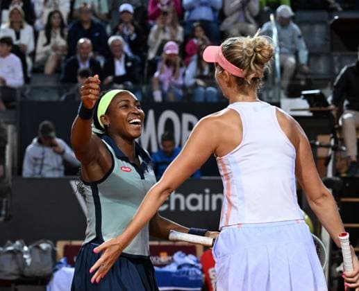 (240518) -- ROME, May 18, 2024 -- Coco Gauff (L) Erin Routliffe celebrate after the women s doubles semifinal match between Wang Xinyu Zheng Saisai of China and Coco Gauff of the United States Erin Routliffe of New Zealand at the WTA, Tennis Damen Italian Open in Rome, Italy, May 17, 2024. (Photo by Xinhua) (SP)ITALY-ROME-TENNIS-WTA-ITALIAN OPEN-SEMIFINAL AlbertoxLingria 