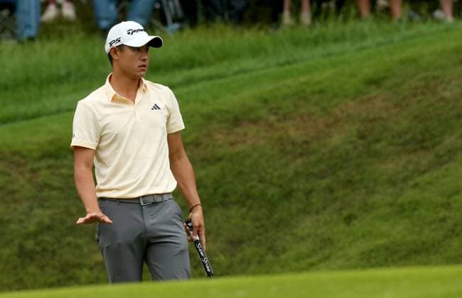 Collin Morikawa reacts to his putt on the fourteenth green during round two of the 2024 PGA, Golf Herren Championship at Valhalla Golf Course on Friday, May 17, 2024 in Louisville, Kentucky.  KYP20240517083 JOHNxSOMMERSxII
