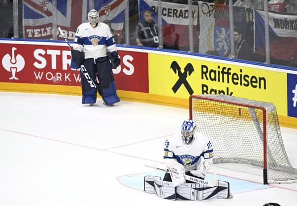 Goalkeepers Emil Larmi (L) and Harri Säteri of Finland before the 2024 IIHF Ice hockey, Eishockey World Championships preliminary round group A match between Canada and Finland in Prague on May 18, 2024. - corrected caption - Prague Czechia LKFTJK20240518170014UTUQ  Copyright: xEmmixKorhonenx LKFTJK20240518170014UTUQ
