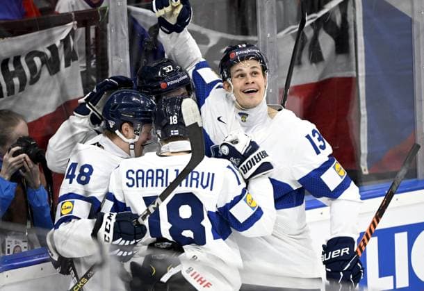 Valtteri Puustinen (L to R), Vili Saarijärvi, Arttu Hyry and Jesse Puljujärvi of Finland celebrate the 0-2 goal by Puustinen during the 2024 IIHF Ice hockey, Eishockey World Championships preliminary round group A match between Finland and Canada in Prague on May 18, 2024. Prague Czechia LKFTJK20240518173157UMWY  Copyright: xEmmixKorhonenx LKFTJK20240518173157UMWY