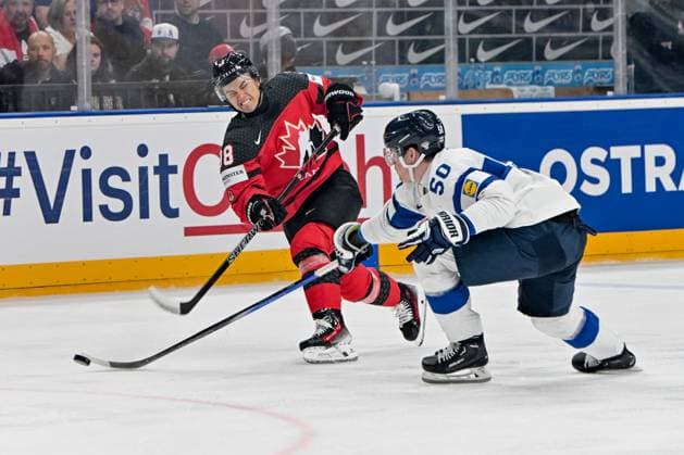 PRAGUE, CZECH REPUBLIC MAY 18 Connor Bedard of Canada shoots the puck during the preliminary round match between Canada and Finland at Prague Arena on May 18, 2024 in Prague Prague, Czech Republic Prague Prague Arena Czech Republic Copyright: xJustPictures.ch AndreaxBrancax jp-en-EuSpIm-AB_18052024_AAB_3531
