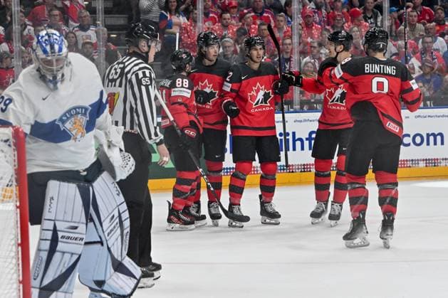 PRAGUE, CZECH REPUBLIC MAY 18 Canada celebrate after a goal scored by Dylan Cozens of Canada during the preliminary round match between Canada and Finland at Prague Arena on May 18, 2024 in Prague, Czech Republic Prague Prague Arena Czech Republic Copyright: xJustPictures.ch AndreaxBrancax jp-en-EuSpIm-AB_18052024_AAB_3765