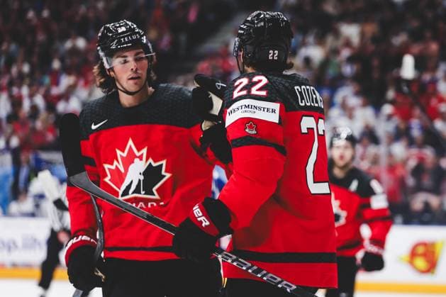 Ice hockey, Eishockey - IIHF WC 2024 PRAGUE,CZECH REPUBLIC,18.MAY.24 - ICE HOCKEY - IIHF Ice Hockey World Championship, WM, Weltmeisterschaft 2024, group stage, Canada vs Finland. Image shows the rejoicing of Owen Power and Dylan Cozens (CAN).  GEPAxpictures xDanielxGoetzhaber