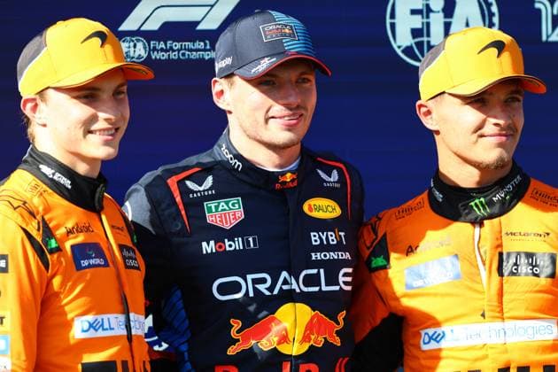 Max Verstappen of the Netherlands and Oracle Red Bull Racing, Oscar Piastri of Australia and McLaren and Lando Norris of Great Britain and McLaren gesturing, gesturing, Qualifying, F1 Emilia Romagna Grand Prix 2024, Autodromo Enzo e Dino Ferrari on 18 May 2024 in Imola, Italy Photo by Diogo Cardoso DeFodi Images Max Verstappen of the Netherlands and Oracle Red Bull Racing, Oscar Piastri of Australia and McLaren and Lando Norris of Great Britain and McLaren celebrate after the end of Qualifying, Qualifying, F1 Emilia Romagna Grand Prix 2024, Autodromo Enzo e Dino Ferrari on May 18, 2024 in Imola, Italy Photo by Diogo Cardoso DeFodi Images Defodi 645 f1imo20240518 4835 Defodi-645