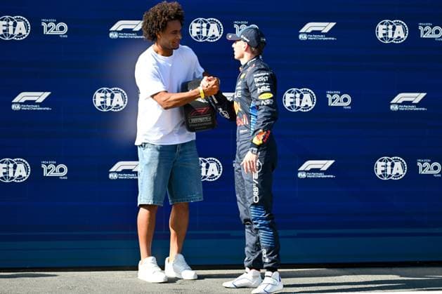 Imola, Italy: Max Verstappen Red Bull Racing Limited Oracle Red Bull Racing and Joshua Zirkzee (Bologna FC) at the PolePosition celebration during FORMULA 1 MSC CRUISES GRAN PREMIO DELL EMILIA-ROMAGNA 2024 - Free Practice 3 and Qualifying, Formula 1 Championship in Imola, Italy, May 18 2024 Formula 1 Championship - FORMULA 1 MSC CRUISES GRAN PREMIO DELL EMILIA-ROMAGNA 2024 - Free Practice 3 and Qualifying  - ZUMAp169 20240518_zsa_p169_806 Copyright: xAlessioxMarini IPAxSportx
