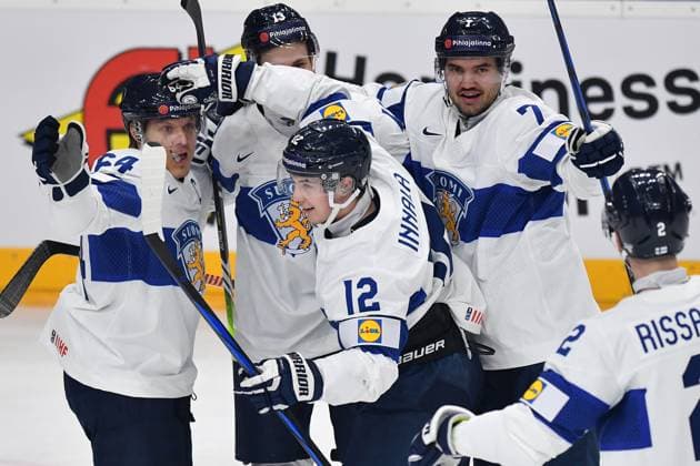 May 18, 2024, Prague, Czech Republic: Players of Finland celebrates after scoring during the 2024 IIHF Ice hockey, Eishockey World Championship, WM, Weltmeisterschaft match between Canada v Finland at the O2 arena in Prague, Czech Republic, May 18, 2024. Prague Czech Republic - ZUMAr156 20240518_aap_r156_029 Copyright: xSlavekxRutax