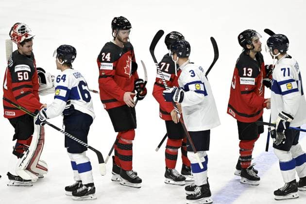 Goalkeeper Jordan Binnington of Canada and Mikael Granlund of Finland shake hands after the 2024 IIHF Ice hockey, Eishockey World Championships preliminary round group A match between Canada and Finland in Prague on May 18, 2024. In picture also Olli Määttä (3) and Ahti Oksanen (71) of Finland. Prague Czechia LKFTJK20240518194549YVRJ  Copyright: xEmmixKorhonenx LKFTJK20240518194549YVRJ