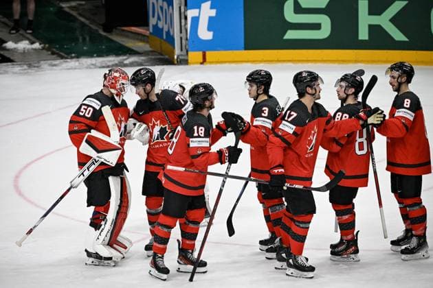 Players of Canada celebrate after winning the 2024 IIHF World Championship, WM, Weltmeisterschaft group A match Canada vs Finland in Prague, Czech Republic, May 18, 2024. (CTKxPhoto VitxSimanek) CTKPhotoP2024051805635  CTKPhotoP2024051805635