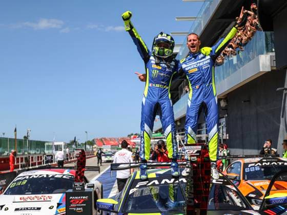 Sport Themen der Woche KW21 Sport Bilder des Tages Fanatec GT World Challange Misano 2024 46 Maxime Martin and Valentino Rossi of Team WRT are enjoying victory with the BMW M4 GT3 during the Fanatec GT World Challenge in Misano, Italy, on May 18, 2024. Misano Italy  Copyright: xLucaxBarsalix originalFilename:barsali-notitle240518_npEMx.jpg