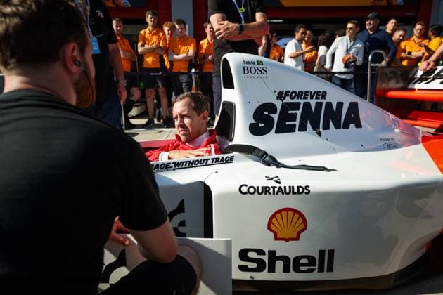 VETTEL Sebastian, driving the Mclaren MP4 8 in tribute to Ayrton Senna, during the Formula 1 MSC Cruises Gran Premio del Made in Italy e Dell™Emilia-Romagne 2024, 7th round of the 2024 Formula One World Championship, WM, Weltmeisterschaft from May 17 to 19, 2024 on the Autodromo Enzo e Dino Ferrari, in Imola, Italy - F1 - EMILIA-ROMAGNA GRAND PRIX 2024 DPPI Panoramic  240518_R07_EMR_DP_FGOO5306