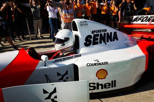 VETTEL Sebastian, driving the Mclaren MP4 8 in tribute to Ayrton Senna, during the Formula 1 MSC Cruises Gran Premio del Made in Italy e Dell™Emilia-Romagne 2024, 7th round of the 2024 Formula One World Championship, WM, Weltmeisterschaft from May 17 to 19, 2024 on the Autodromo Enzo e Dino Ferrari, in Imola, Italy - F1 - EMILIA-ROMAGNA GRAND PRIX 2024 DPPI Panoramic  240518_R07_EMR_DP_FGOO5350