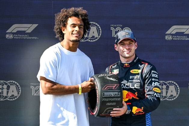 Imola, Italy: Max Verstappen Red Bull Racing Limited Oracle Red Bull Racing and Joshua Zirkzee (Bologna FC) at the PolePosition celebration during FORMULA 1 MSC CRUISES GRAN PREMIO DELL EMILIA-ROMAGNA 2024 - Free Practice 3 and Qualifying, Formula 1 Championship in Imola, Italy, May 18 2024 Formula 1 Championship - FORMULA 1 MSC CRUISES GRAN PREMIO DELL EMILIA-ROMAGNA 2024 - Free Practice 3 and Qualifying  - ZUMAp169 20240518_zsa_p169_1319 Copyright: xAlessioxMarini IPAxSportx