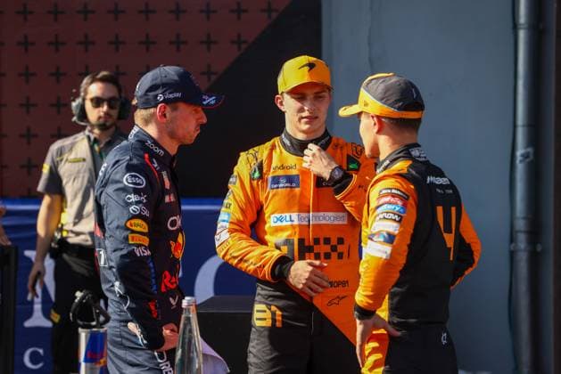 Imola, Italy: post qualify:.from left to righ Oscar Piastri (AUS) - McLaren Formula 1 Team - McLaren MCL38 - Mercedes. Max Verstappen (NED) - Oracle Red Bull Racing - Red Bull RB20 - Honda RBPTLando Norris (GBR) - McLaren Formula 1 Team - McLaren MCL38 - Mercedes..during FORMULA 1 MSC CRUISES GRAN PREMIO DEL MADE IN ITALY E DELL EMILIA-ROMAGNA 2 Autodromo Enzo e Dino Ferrari, Imola (BO) Italy Formula 1 Championship - FORMULA 1 MSC CRUISES GRAN PREMIO DELL EMILIA-ROMAGNA 2024 - Free Practice 1 and 2  - ZUMAp169 20240518_zsa_p169_1581 Copyright: xAlessioxDexMarco IPAxSportx