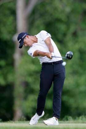 LOUISVILLE, KY - MAY 18: Collin Morikawa (USA) hits a drive at the fifth hole during the third round of the 2024 PGA, Golf Herren Championship at Valhalla Golf Club on May 18, 2024 in Louisville, Kentucky. (Photo by Joe Robbins Icon Sportswire) GOLF: MAY 18 PGA Championship EDITORIAL USE ONLY Icon573240518015