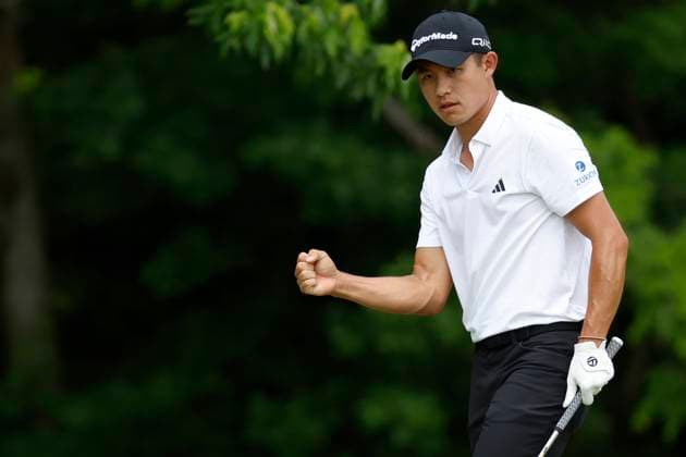 LOUISVILLE, KY - MAY 18: Collin Morikawa fist pumps after making a chip shot on No. 3 during the third round of the PGA, Golf Herren Championship, May 18, 2024, at Valhalla Golf Club in Louisville, Kentucky.(Photo by Matthew Maxey Icon Sportswire) GOLF: MAY 18 PGA Championship EDITORIAL USE ONLY Icon240518021