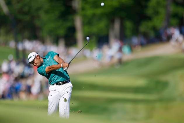 LOUISVILLE, KY - MAY 18: Hideki Matsuyama (JPN) plays a shot at the 17th hole during the third round of the 2024 PGA, Golf Herren Championship at Valhalla Golf Club on May 18, 2024 in Louisville, Kentucky. (Photo by Joe Robbins Icon Sportswire) GOLF: MAY 18 PGA Championship EDITORIAL USE ONLY Icon573240518041