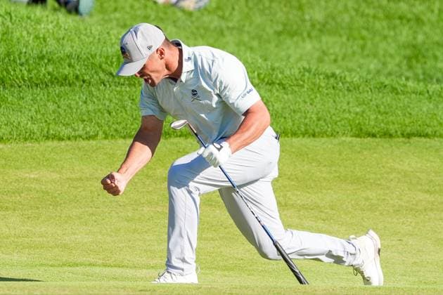 May 18, 2024, Louisville, Kentucky, USA: Bryson DeChambeau reacts after hitting a chip shot for eagle on the 18th hole during the third round of the 2024 PGA, Golf Herren Championship at Valhalla Golf Club. Louisville USA - ZUMAw109 20240518_fap_w109_036 Copyright: xDebbyxWongx