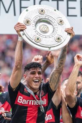 Piero Hincapie Bayer 04 Leverkusen, 3 with the championship trophy Leverkusen, Soccer 1 Bundesliga 34 Matchday, Matchday 34, Bayer 04 Leverkusen FC Augsburg, 18 05 2024, BayArena, Leverkusen DFL regulations prohibit any use of photographs as image sequences and or quasi video Â