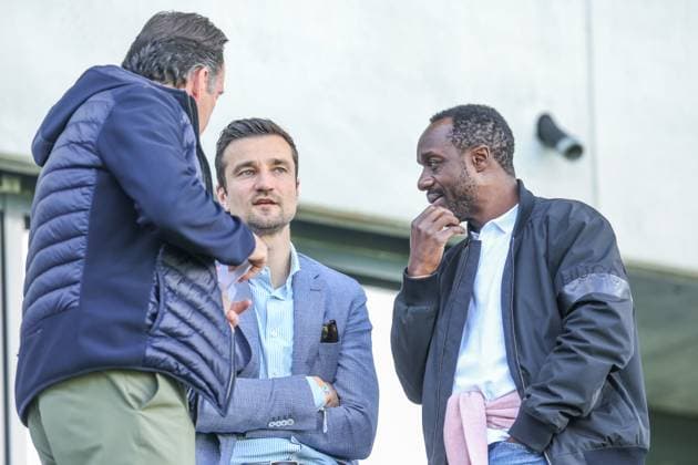 19 05 2024, Football, Season 2023 2024, 2 Bundesliga, Matchday 34, Greuther Fürth FC Schalke 04, f l Sports Director Marc Wilmots FC Schalke 04 , CEO Matthias Tillmann FC Schalke 04 , Squad Planner Ben Manga FC Schalke 04 Fürth Stadion am Ronhof Bayern Germany xRHR PHOTO TRx Copyright: TimxRehbein RHR-FOTOx RHR-FOTO TR