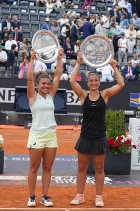 Sara Errani (ITA) and Jasmine Paolini (ITA) celebrate with the trophy during the award ceremony, Tennis WTA, Tennis Damen Internazionali BNL d Italia - Double Women s Final, Coco Gauff (USA) Erin Routliffe (NZL) against Sara Errani (ITA) Jasmine Paolini (ITA), Foro Italico, May 19, 2024, Rome, Italy.