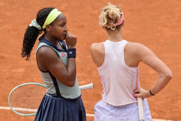 Coco Gauff of United States and Erin Routliffe of New Zeland in action during the doubles final match against Sara Errani and Jasmine Paolini of Italy at the Internazionali BNL d Italia 2024 tennis tournament at Foro Italico in Rome, Italy on May 19th, 2024. antoniettaxbaldassarre