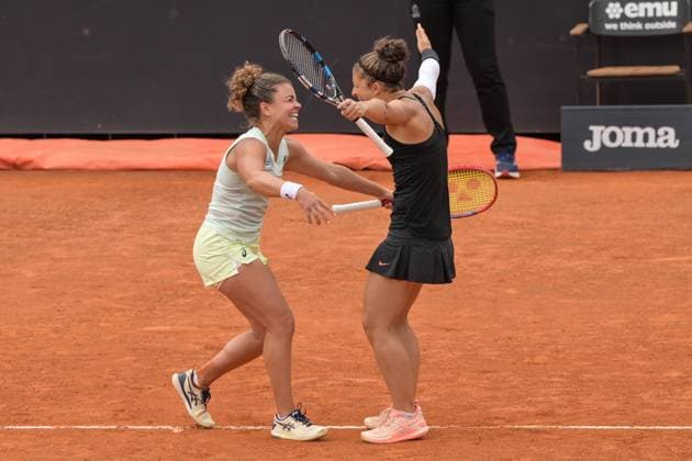 Sara Errani and Jasmine Paolini of Italy celebrates at the end the doubles final match against Coco Gauff of United States and Erin Routliffe of New Zeland at the Internazionali BNL d Italia 2024 tennis tournament at Foro Italico in Rome, Italy on May 19th, 2024. antoniettaxbaldassarre